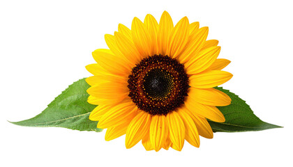 Obraz premium A vibrant sunflower with golden petals and a dark center, resting on two green leaves against a black background