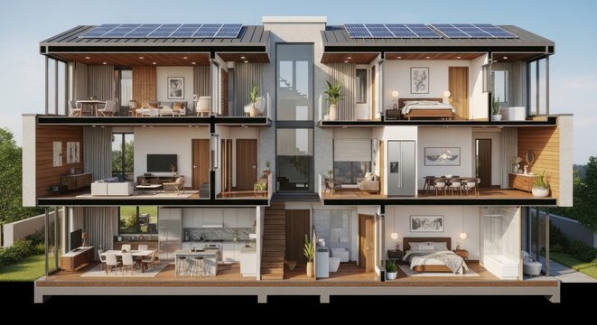 Cross-section rendering of a multi-story modern home with solar panels, showing interior layout