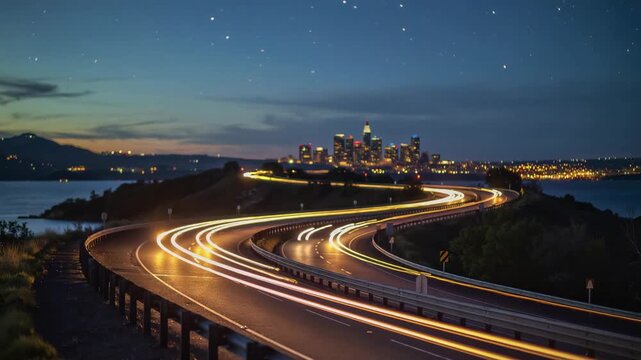 Long exposure of car light trails on a winding highway at night with distant city skyline under starry sky, concept for urban transportation, infrastructure growth and fast paced modern city life