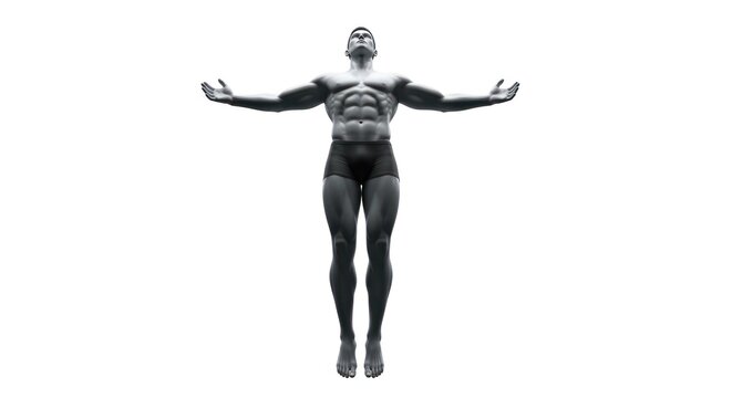 Muscular man with arms outstretched, floating against a stark white background
