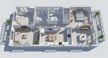 Fototapeta premium Overhead rendering of a modern apartment layout with detailed rooms and furniture