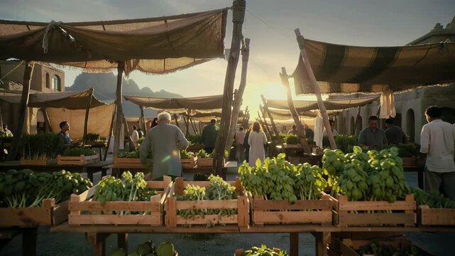 Merchants and customers at a busy outdoor herb market with fresh greens in wooden crates under rustic fabric stalls at sunset, concept for agricultural trade, organic business and tourism