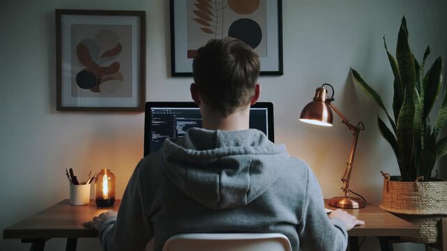 Back view of a male software developer sitting at a wooden desk writing code on computer in a cozy home office, concept for remote freelance work, web development and technology education