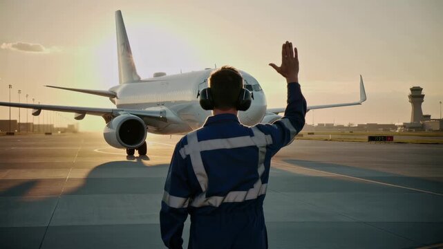 Ground crew marshaller in reflective uniform signaling to a large airplane on the airport tarmac during sunset, concept for aviation logistics, airport ground operations and air transport safety