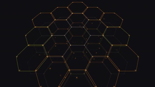 Seamless 4K loop of a glowing hexagonal wireframe grid. Rhythmic orange light propagation representing global fiber-optic networks and data distribution. Perfect for tech UI and corporate video.