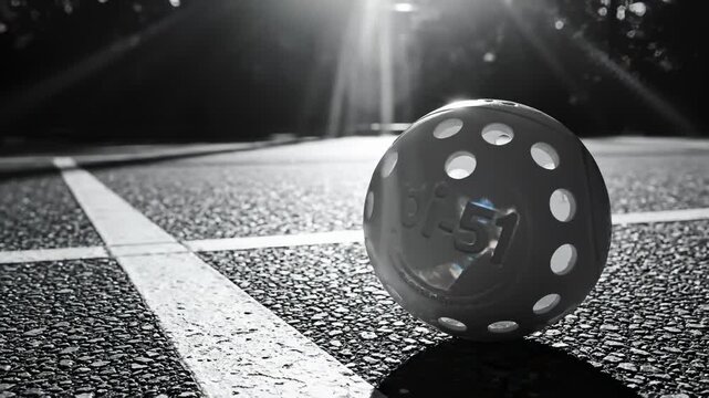 Floorball Ball Resting on Asphalt Court With Sun Rays Shining Through Trees