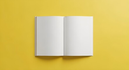 Open blank book on yellow background, empty pages, minimal design
