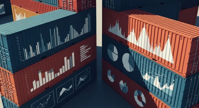 Stacks of colorful shipping containers display data visualizations, representing global trade