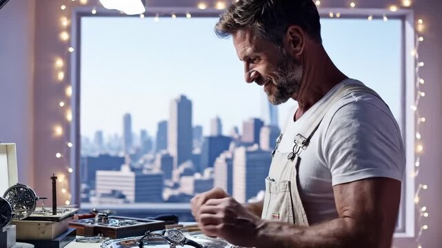 Watchmaker Concentrating on Repairing Timepiece in Workshop With City View