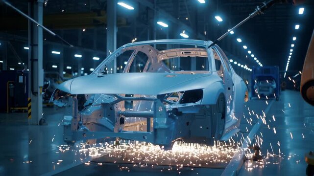 Robotic arms welding car chassis in modern automotive manufacturing factory assembly line with bright sparks, concept for industrial automation, automotive engineering and smart manufacturing