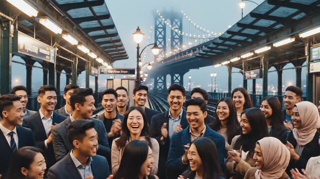Diverse Group of People Clapping and Smiling on a Subway Platform With a Bridge in the Background