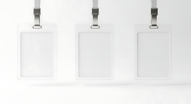 Three blank white employee identification badges hanging on a white background.