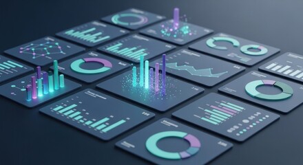 A grid of futuristic data dashboards displaying colorful charts, graphs, and statistics