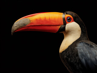 Obraz premium Close-up side profile of a toucan showcasing its vibrant orange beak, black feathers, and striking blue eye against a black background.