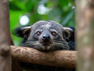 Fototapeta premium binturong rests its head on a tree branch, gazing with curious amber eyes amidst lush green foliage.