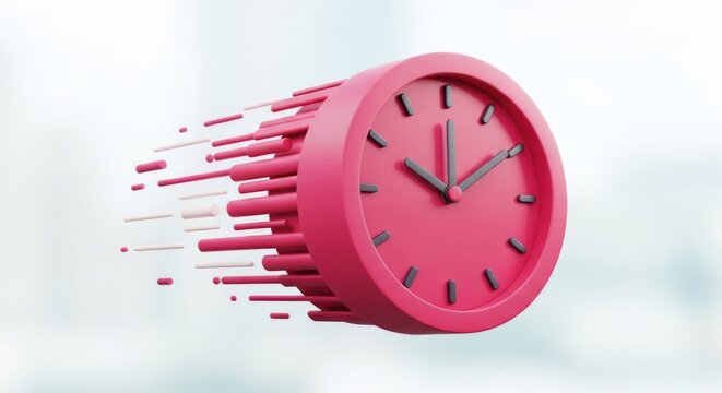 A pink analog clock with hands at 1010, streaks to imply speed and motion, blur background