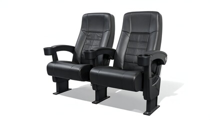 Fototapeta premium A 3D rendered image depicts two side-by-side, black leather, recliner-style chairs for home theater or cinema use. Each seat has armrests and cupholders