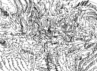 Obraz premium Hand-drawn monochrome line drawing with various organic shapes and complex lines filling the entire frame
