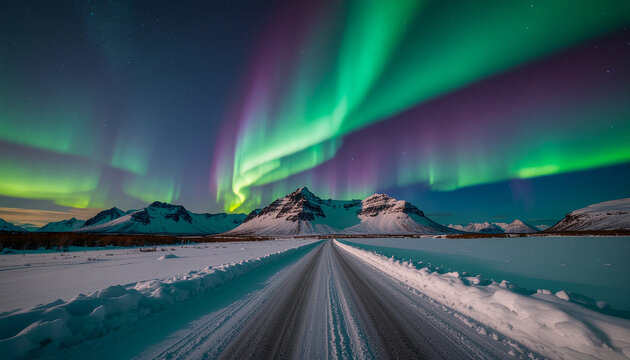 Majestic Northern Lights illuminate a snow-covered road winding through winter mountains