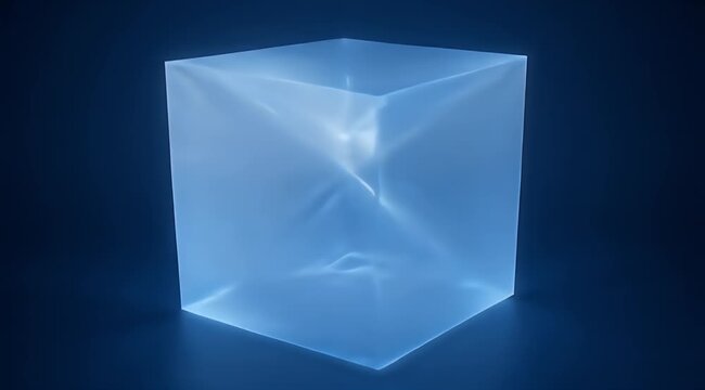 Translucent blue glowing cube with soft, warped surfaces on a dark background