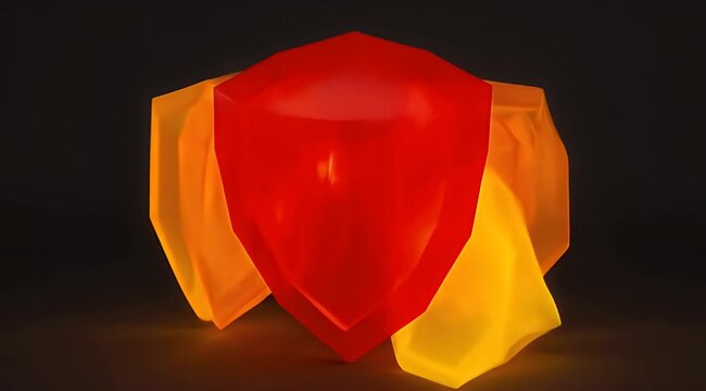 Vibrant glowing red and yellow geometric shields with sharp edges on a dark surface