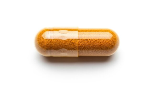 Single Turmeric Capsule on White Background for Health and Wellness.