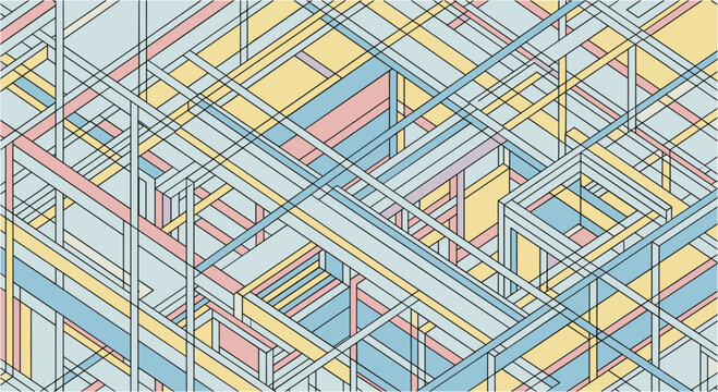 Abstract geometric pattern featuring a complex network of intersecting lines and colorful pastel shapes, creating an intricate, modern design.