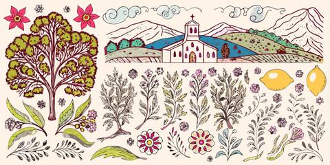 A colorful hand drawn illustration featuring a village flowers and foliage © Bipul