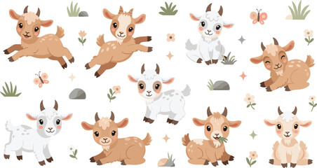 Obraz premium Cute baby goat cartoon characters with flowers and meadow elements, adorable farm animal kids vector illustration set for children design