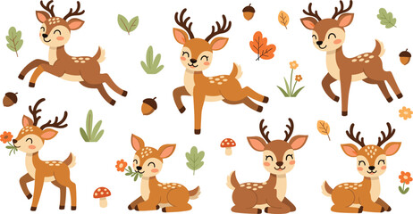 Cute cartoon deer and fawn characters with forest leaves, mushrooms and acorns, adorable woodland animals vector illustration set for kids design © MatRukshana