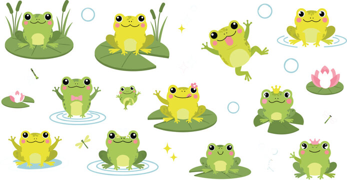 Cute cartoon frogs collection with lily pads, dragonflies and pond elements, adorable green frog characters vector illustration set for kids design
