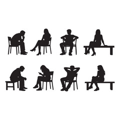 Silhouettes of Men, Women, and Teenagers Sitting on Benches and Chairs