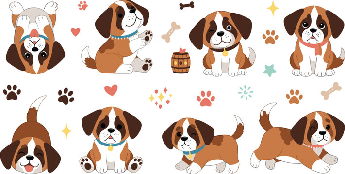 Cute Saint Bernard puppy cartoon characters with playful poses, bones and paw prints, adorable pet dog vector illustration set for kids design