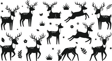 Fototapeta na wymiar Deer silhouette collection with woodland forest elements, elegant stag and fawn black animal shapes vector illustration set