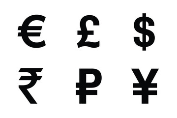 Obraz premium Minimal Currency Symbols Vector Collection, Including Euro, Dollar, Pound, Rupee, Ruble, and Yen Icons Ideal for Financial Applications, Business Interfaces, and Creative Graphic Design.