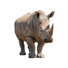 Fototapeta premium A powerful white rhinoceros with prominent horn stands on a stark white background