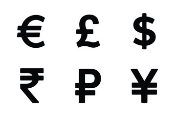 Obraz premium Minimal Vector Set of Major World Currency Symbols, Featuring Euro, Pound Sterling, Dollar, Rupee, Ruble, and Yen Icons Perfect for Finance, Business, and Digital Design Projects.