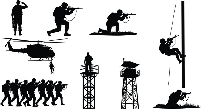 Military Soldier Silhouettes Set with Army Infographics Elements Including Helicopter Rappelling Sniper Watchtower Patrol Guard Saluting and Tactical Combat Operations