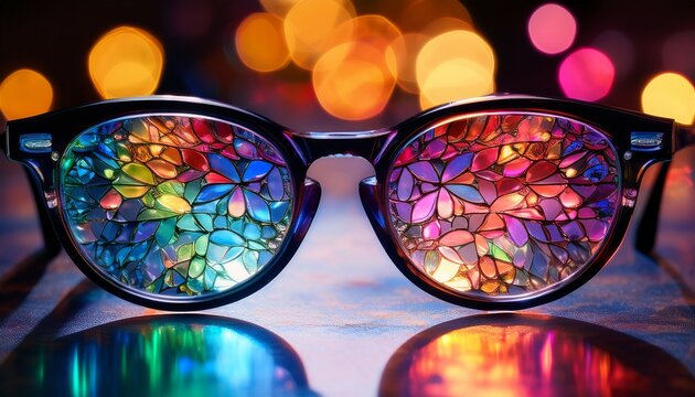 a pair of eyeglasses with lenses that reflect a kaleidoscope of colors representing diverse perspectives and insights