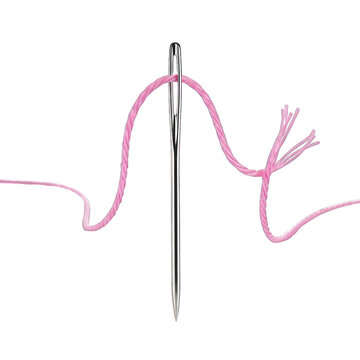 Close-up of a needle threaded with pink thread, set against a stark black background