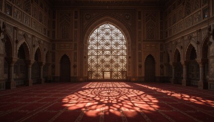 Obraz premium Interior of a large ornate room with a red carpet and arched window