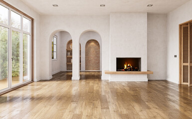 Contemporary living room with natural materials, arched walls, large windows and a minimalist fireplace, 3d render