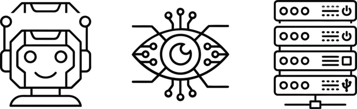 AI and machine learning icon set, thin stroke vector, mono linear style. Features a humanoid robot character, computer vision cyber-eye, and data center server infrastructure. 