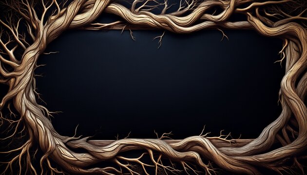 branches of tree roots frame an empty frame black background generative ai