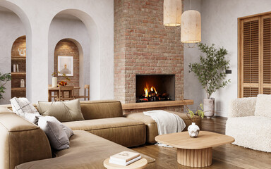 Contemporary living room with natural materials, arched walls, large windows and a minimalist fireplace, 3d render