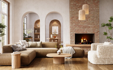 Contemporary living room with natural materials, arched walls, large windows and a minimalist fireplace, 3d render