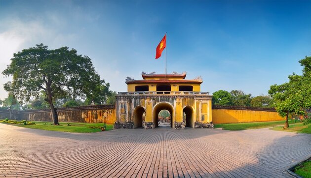 panorama central sector of imperial citadel of thang long the cultural complex comprising the royal enclosure first built during the ly dynasty an unesco world heritage site in hanoi doan mon gate