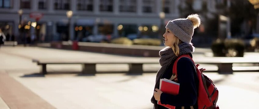 A lady in her 30s wearing a beanie scarf is crossing a brightly illuminated plaza while carrying a red notepad and backpack.