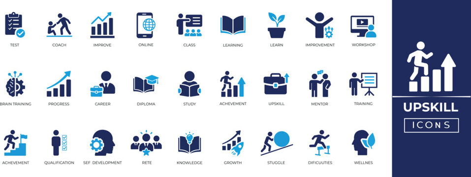 Upskill icon set: training, learning, career growth, certificate, mentor, and online course linear symbols for education and business