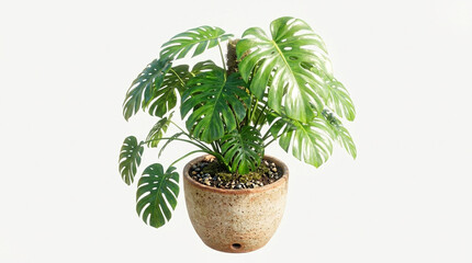 Fototapeta premium Large green potted monstera deliciosa plant with sunlight shining through leaf holes in a beige ceramic pot on white background